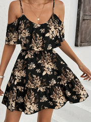 Elegant Printed Bowed Waist Pleated Short Sleeve Halter Neck Mini Dress