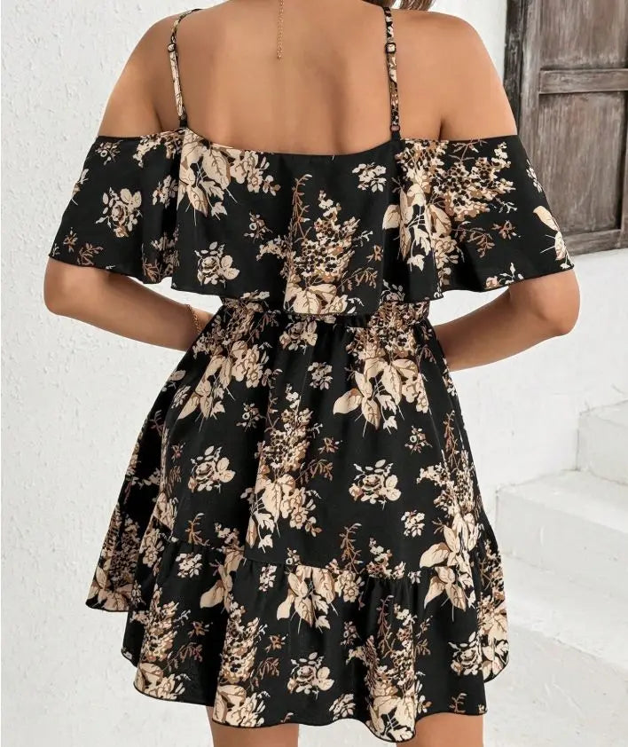 Elegant Printed Bowed Waist Pleated Short Sleeve Halter Neck Mini Dress
