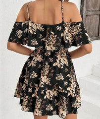Elegant Printed Bowed Waist Pleated Short Sleeve Halter Neck Mini Dress
