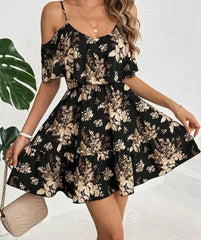 Elegant Printed Bowed Waist Pleated Short Sleeve Halter Neck Mini Dress