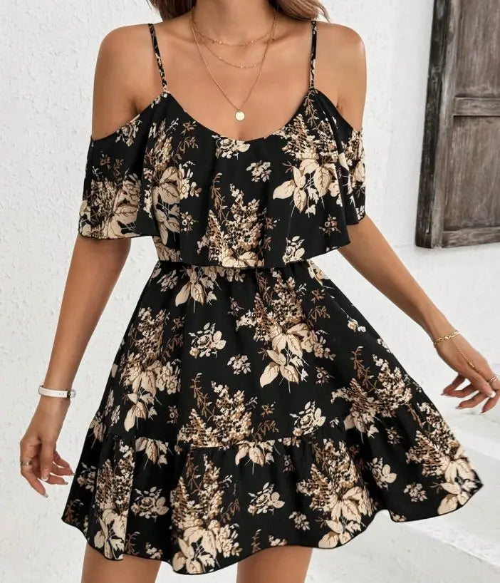 Elegant Printed Bowed Waist Pleated Short Sleeve Halter Neck Mini Dress