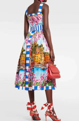 Elegant Printed Cotton High Waist Collar Tube Top Suspender Midi Dress