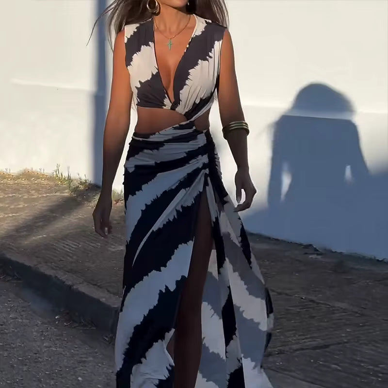Elegant Printed Hollow V-Neck Tie Pleated Irregular Slim Maxi Dress