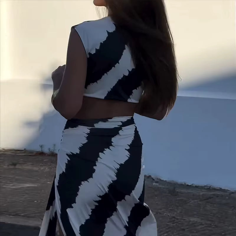 Elegant Printed Hollow V-Neck Tie Pleated Irregular Slim Maxi Dress