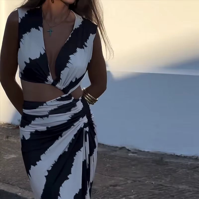 Elegant Printed Hollow V-Neck Tie Pleated Irregular Slim Maxi Dress