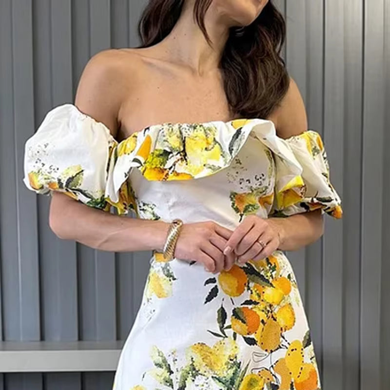 Elegant Printed Off Shoulder Lantern Sleeve Ruffles Slim Nipped Waist Maxi Dress
