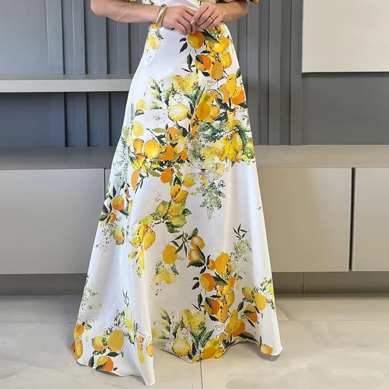 Elegant Printed Off Shoulder Lantern Sleeve Ruffles Slim Nipped Waist Maxi Dress