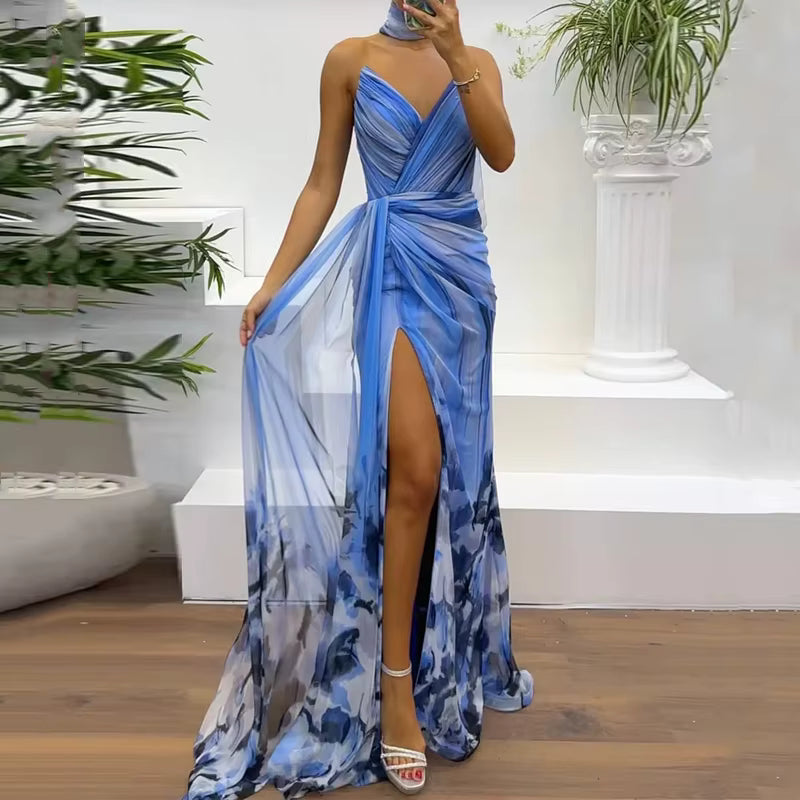 Elegant Printed Sleeveless Strapless V-Neck With Scarf Nipped Waist Slit Maxi Dress