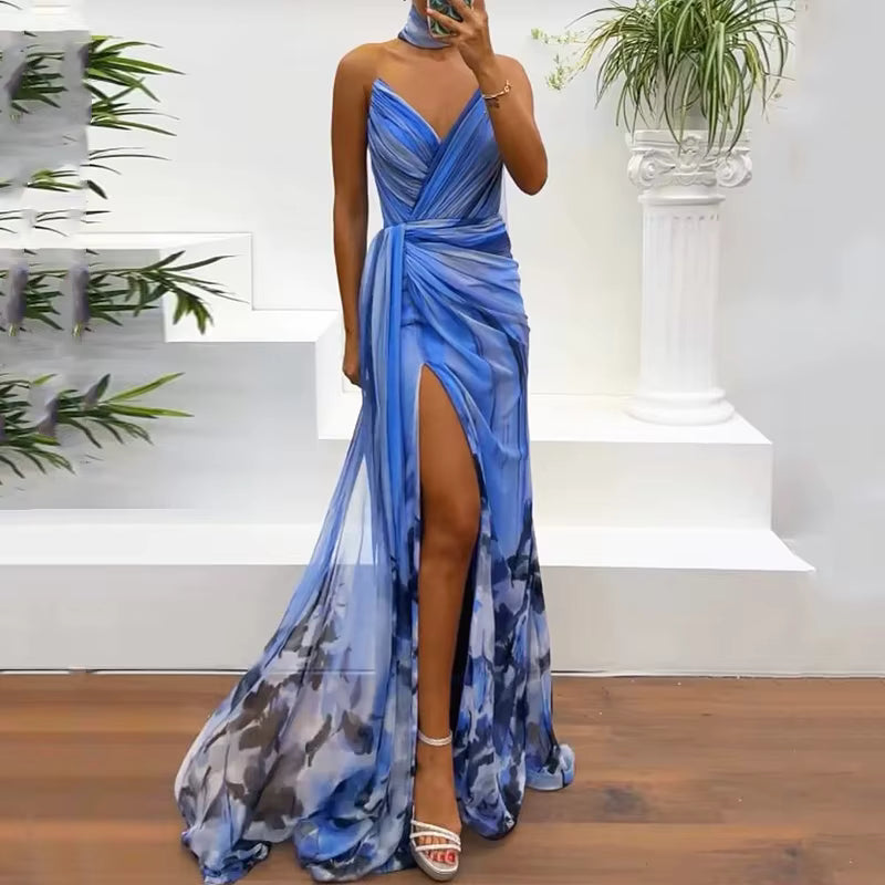Elegant Printed Sleeveless Strapless V-Neck With Scarf Nipped Waist Slit Maxi Dress