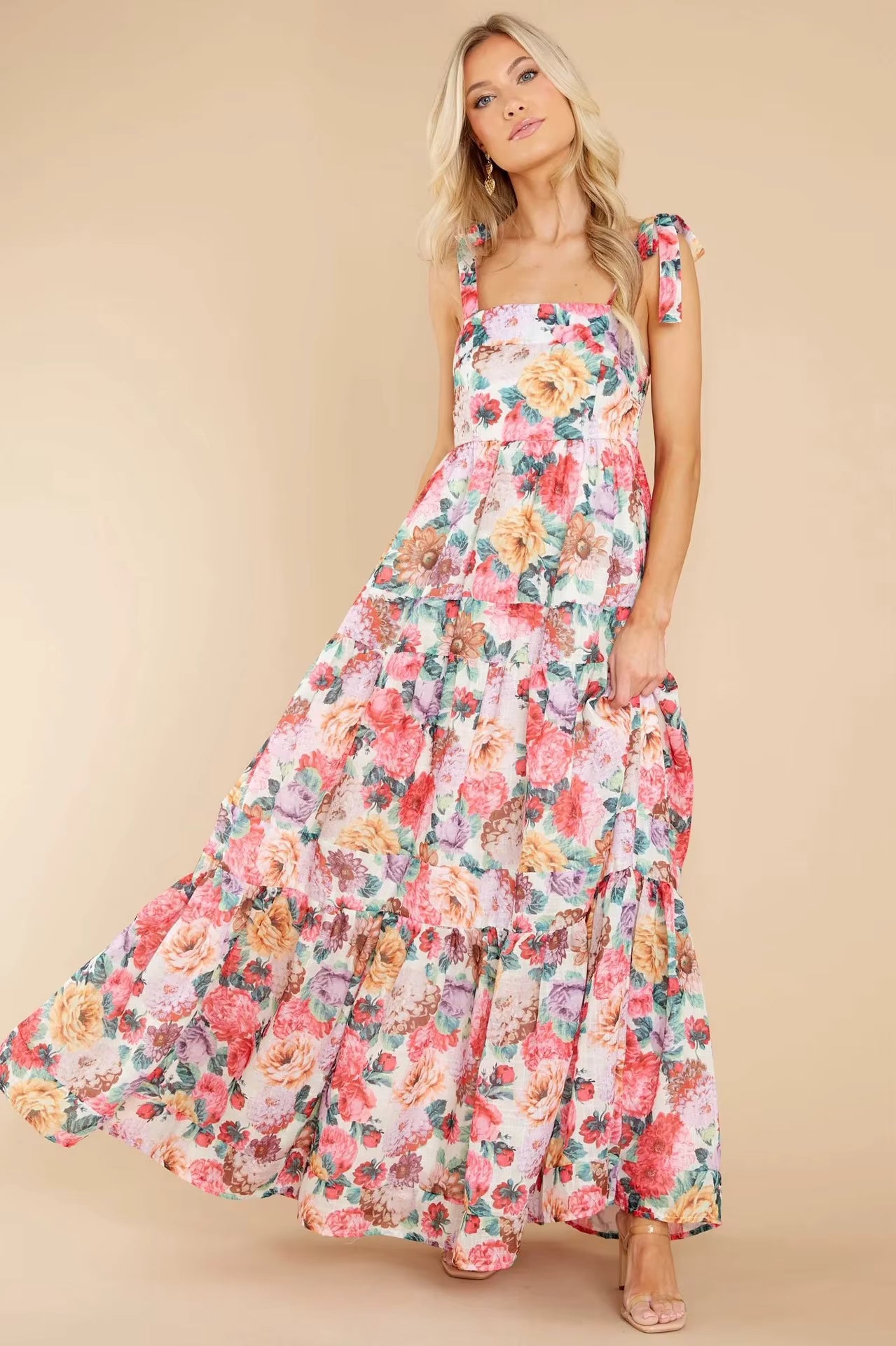 Elegant Printed Spaghetti Strap Splicing Sweet Floor-Length Maxi Dress