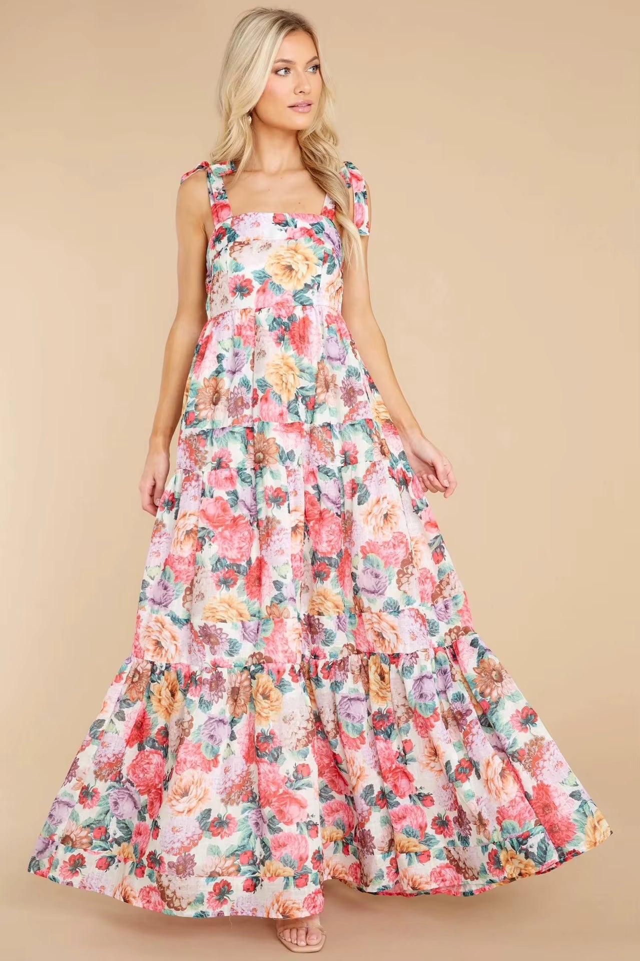 Elegant Printed Spaghetti Strap Splicing Sweet Floor-Length Maxi Dress