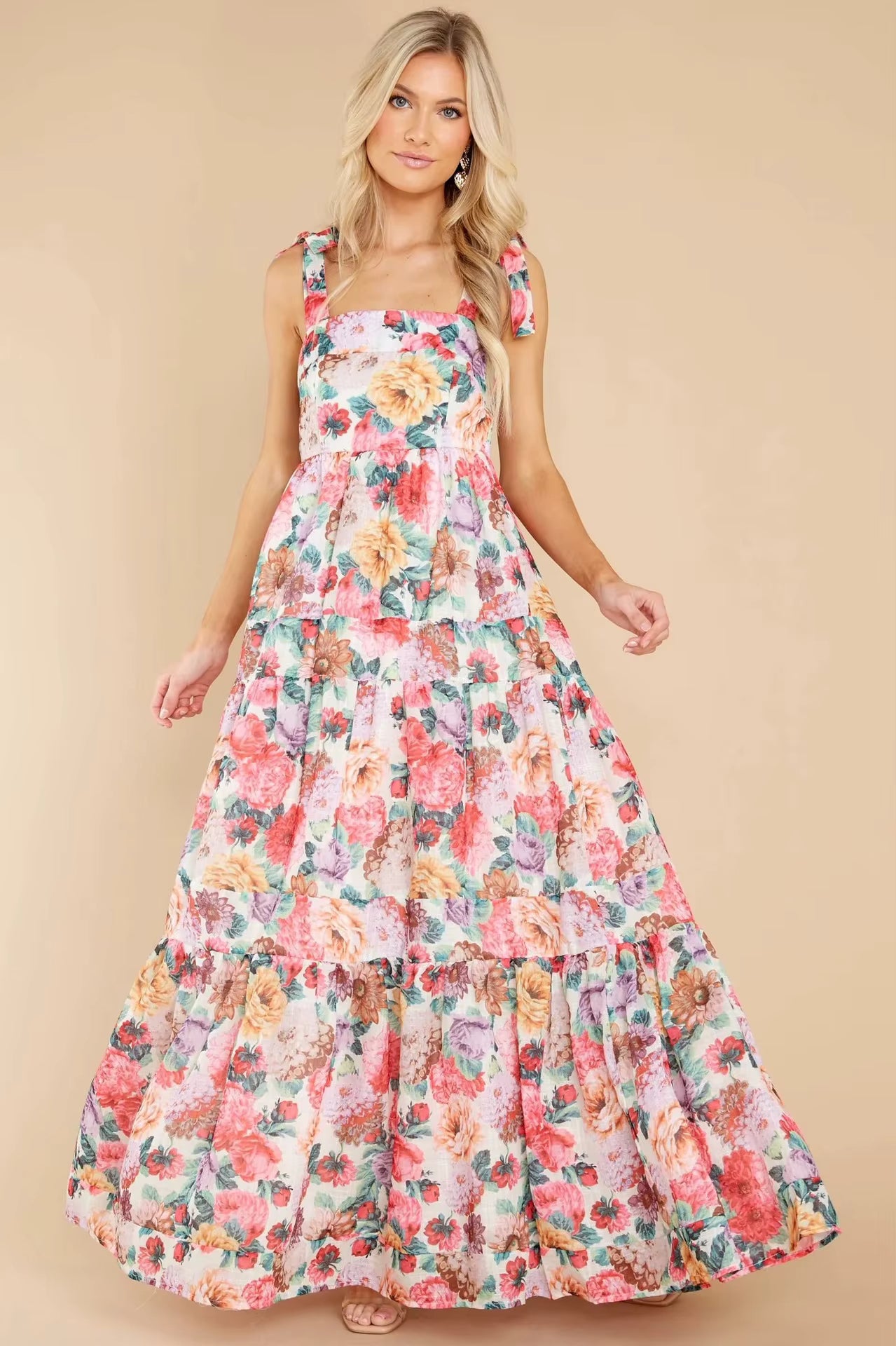 Elegant Printed Spaghetti Strap Splicing Sweet Floor-Length Maxi Dress