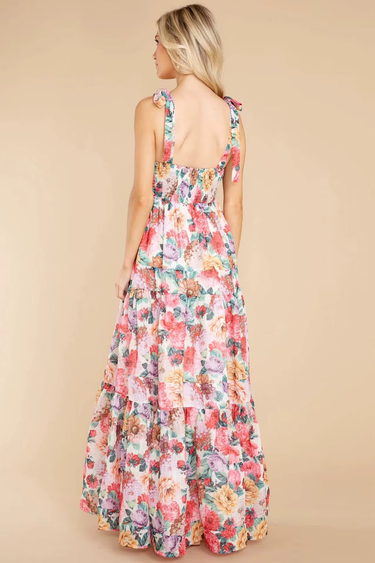 Elegant Printed Spaghetti Strap Splicing Sweet Floor-Length Maxi Dress