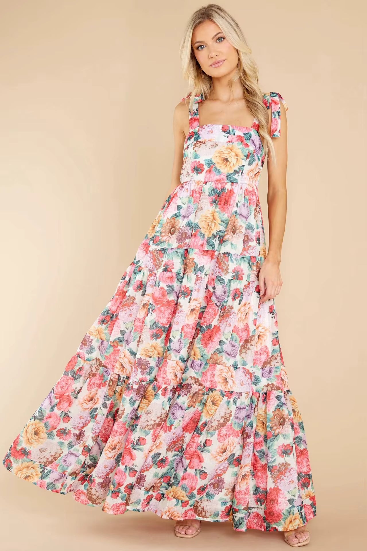 Elegant Printed Spaghetti Strap Splicing Sweet Floor-Length Maxi Dress