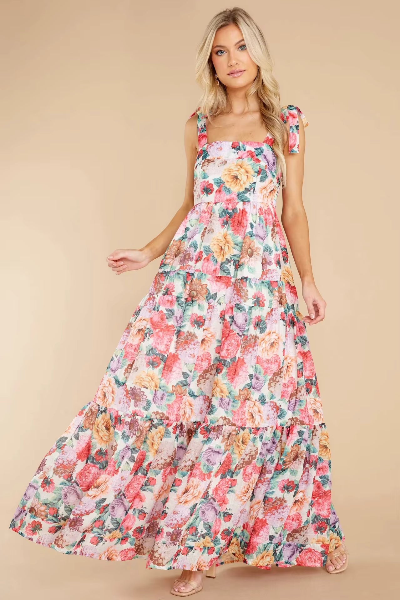 Elegant Printed Spaghetti Strap Splicing Sweet Floor-Length Maxi Dress