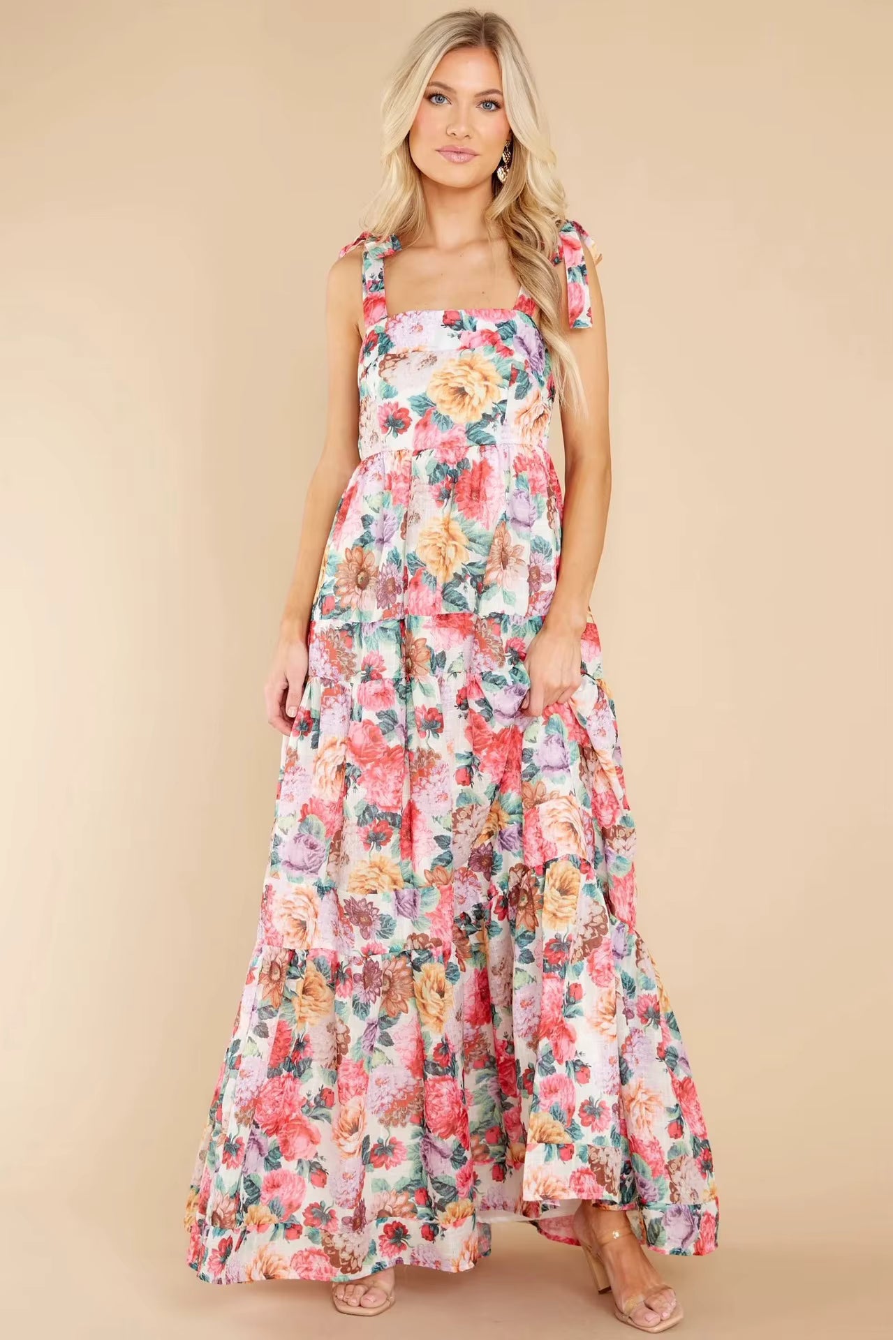 Elegant Printed Spaghetti Strap Splicing Sweet Floor-Length Maxi Dress