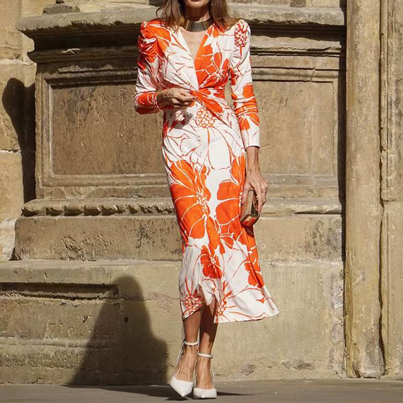 Elegant Printed V-neck Design Three Quarter Long Sleeve Midi Dress