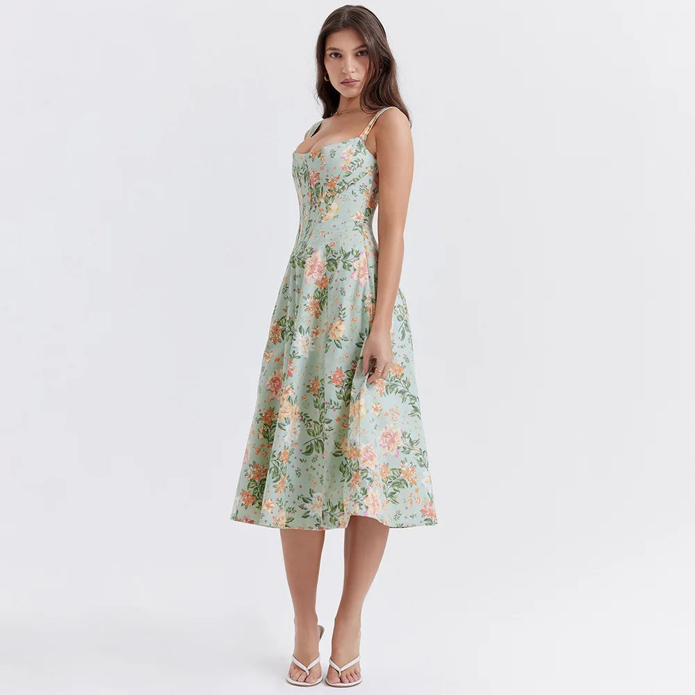 Elegant Printing Corset Dress Knee Length Birthday Party Dresses Casual Holiday Clothing