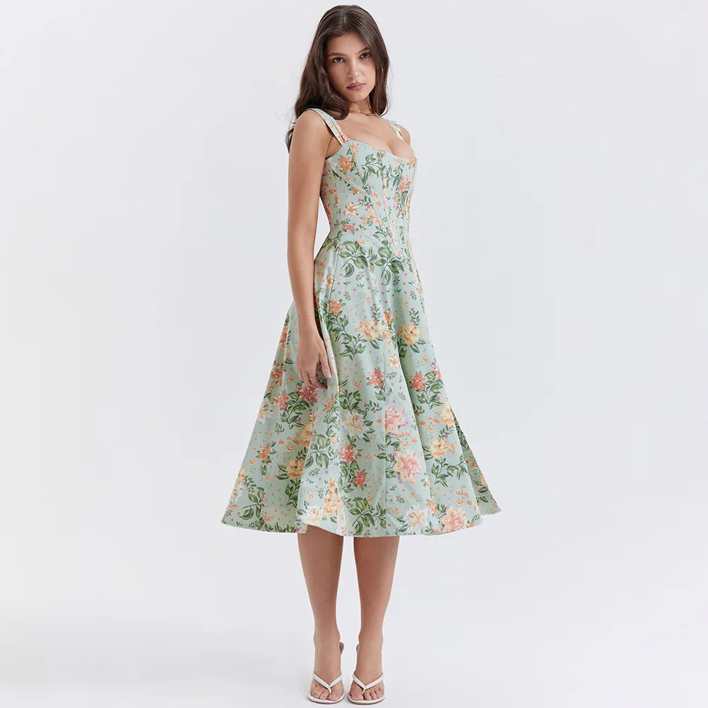 Elegant Printing Corset Dress Knee Length Birthday Party Dresses Casual Holiday Clothing