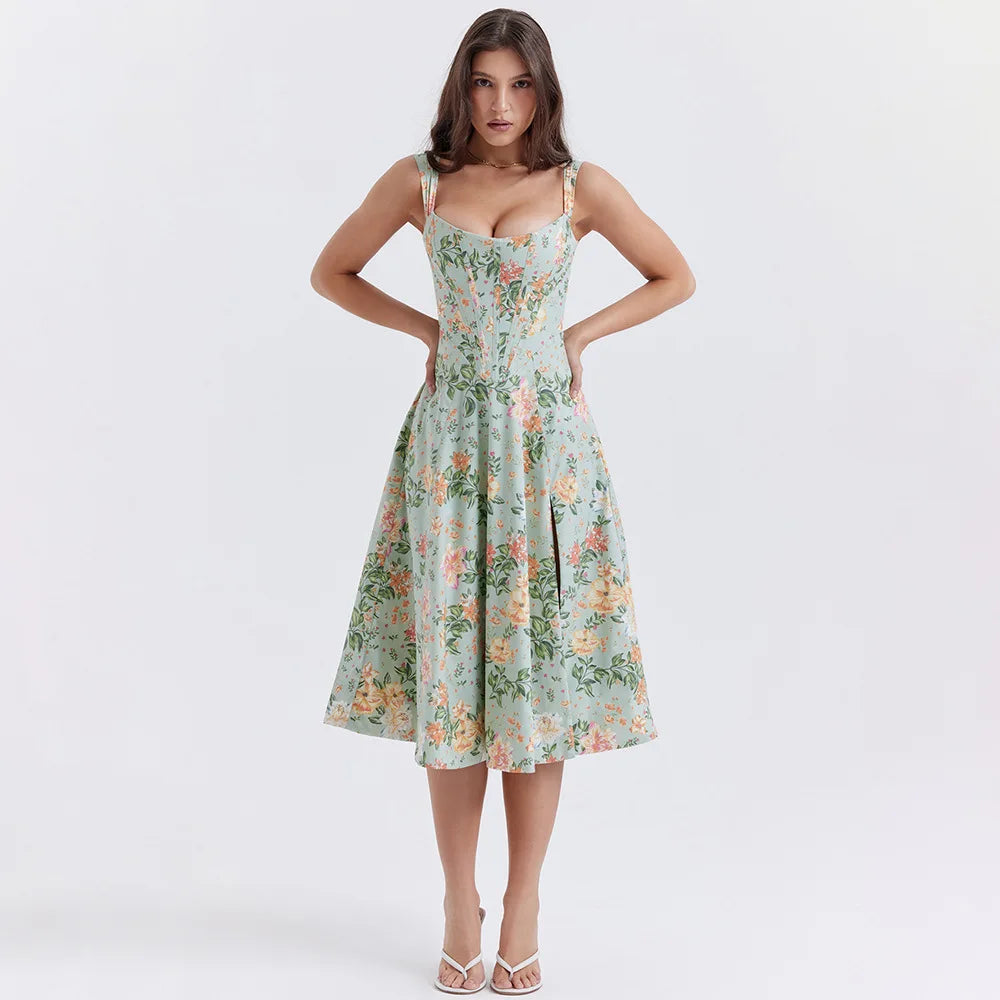 Elegant Printing Corset Dress Knee Length Birthday Party Dresses Casual Holiday Clothing