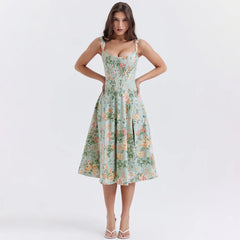 Elegant Printing Corset Dress Knee Length Birthday Party Dresses Casual Holiday Clothing