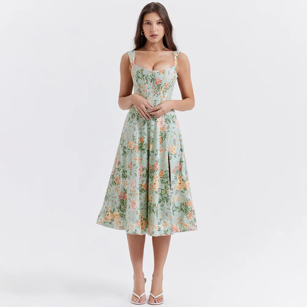 Elegant Printing Corset Dress Knee Length Birthday Party Dresses Casual Holiday Clothing