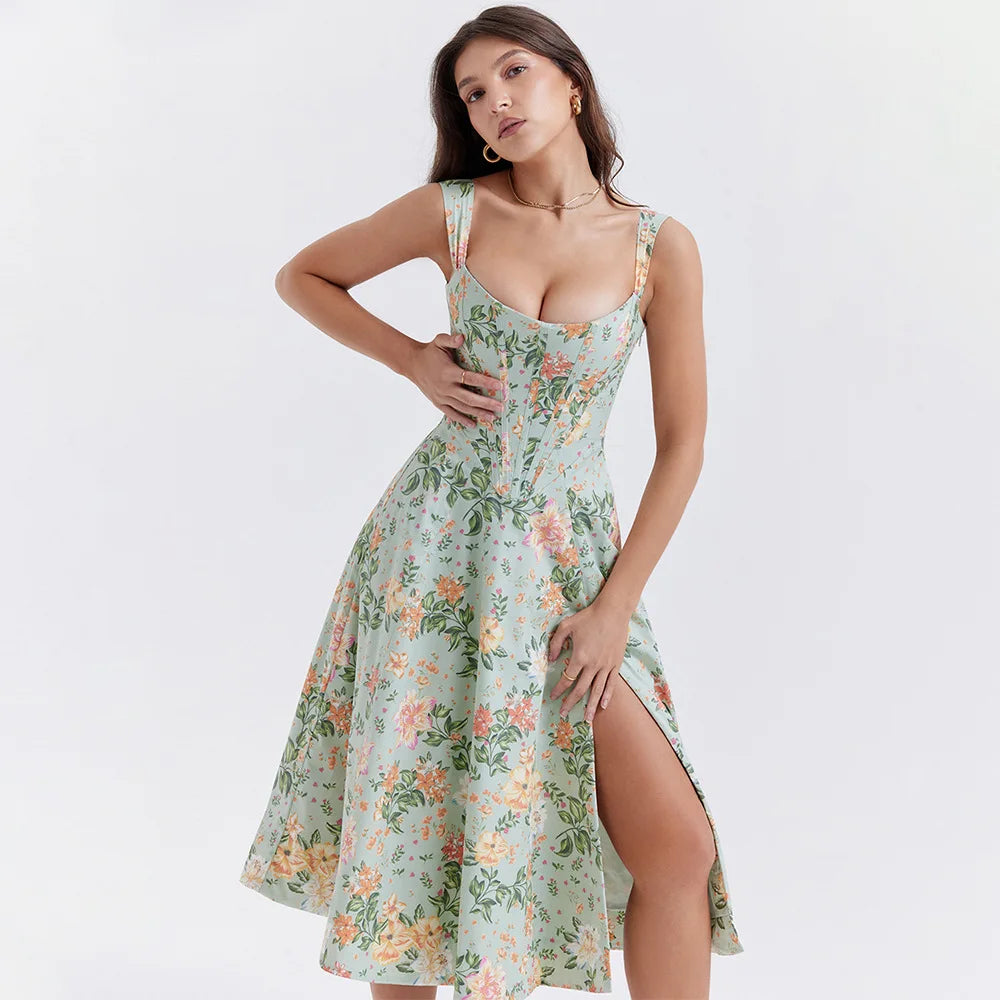 Elegant Printing Corset Dress Knee Length Birthday Party Dresses Casual Holiday Clothing