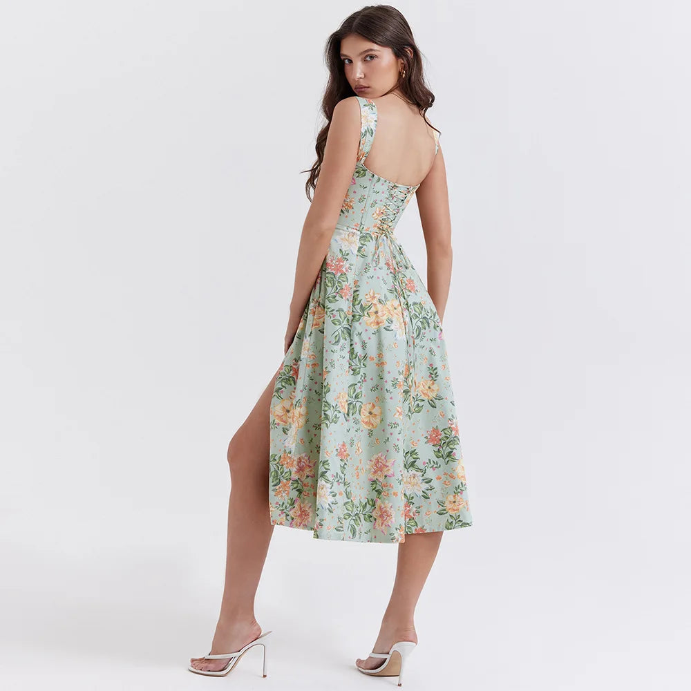Elegant Printing Corset Dress Knee Length Birthday Party Dresses Casual Holiday Clothing