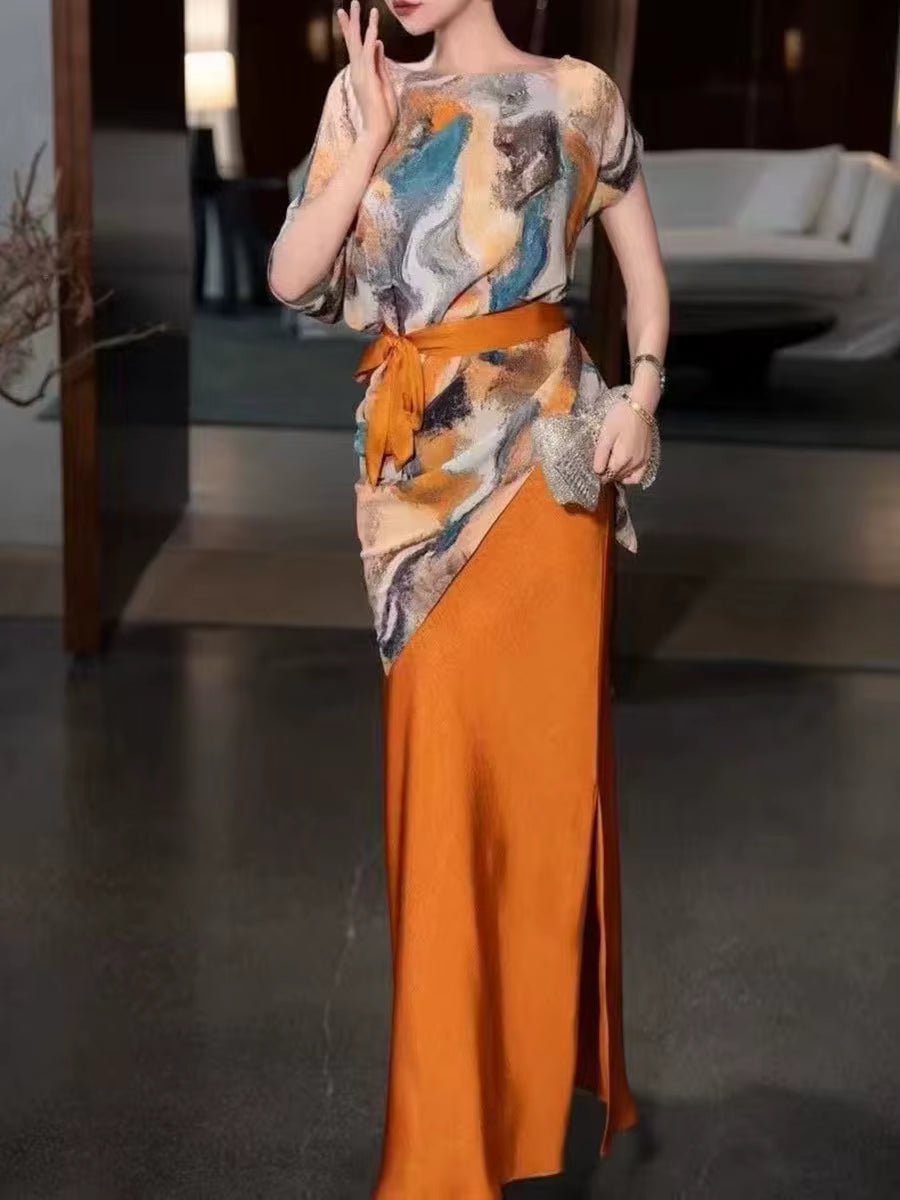 Elegant Printing Round Neck Short Sleeve Irregular Top High Waist Split Skirt Two Piece Set