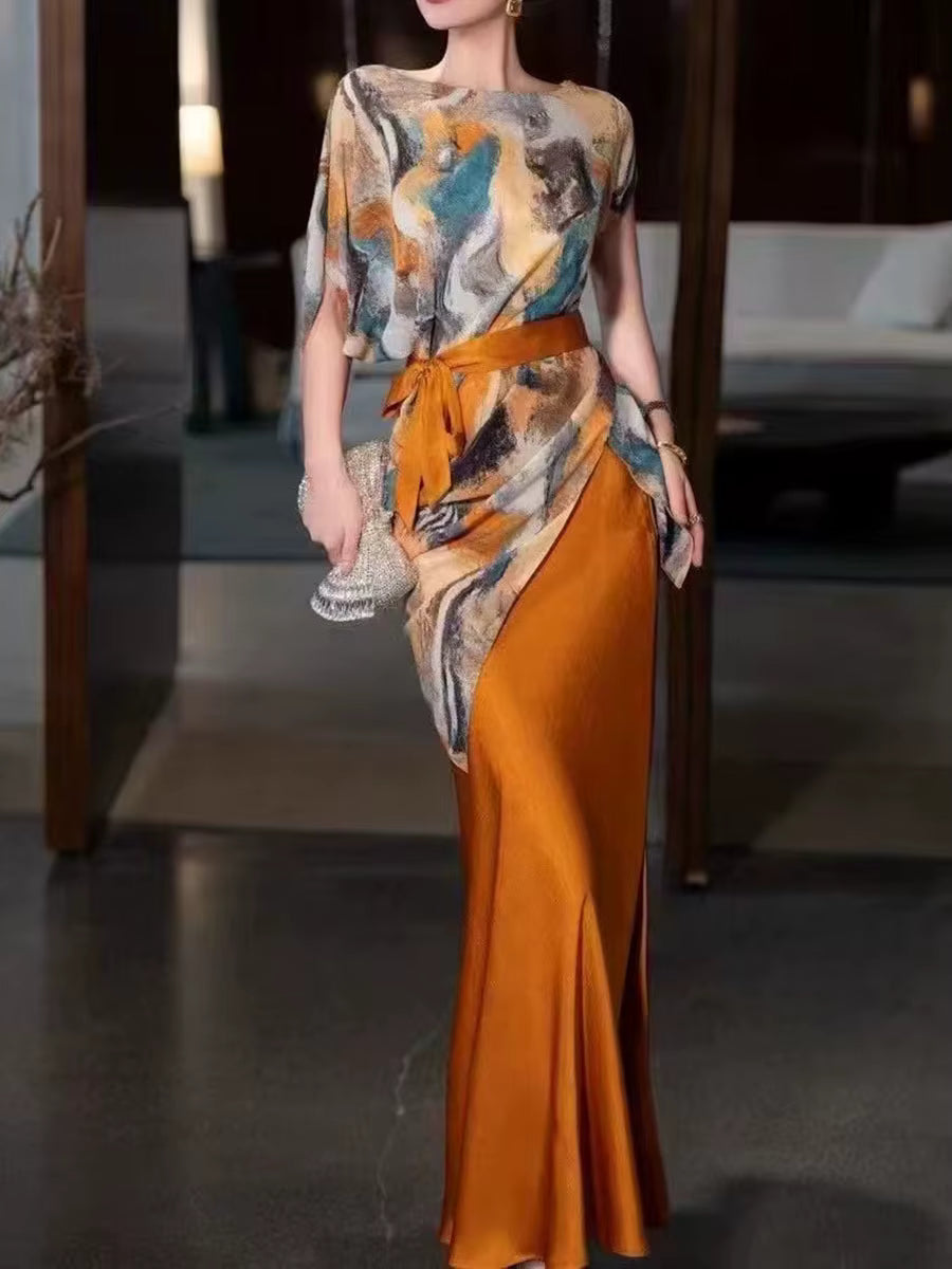 Elegant Printing Round Neck Short Sleeve Irregular Top High Waist Split Skirt Two Piece Set