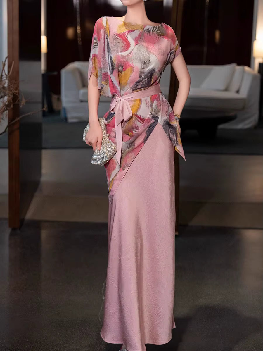 Elegant Printing Round Neck Short Sleeve Irregular Top High Waist Split Skirt Two Piece Set