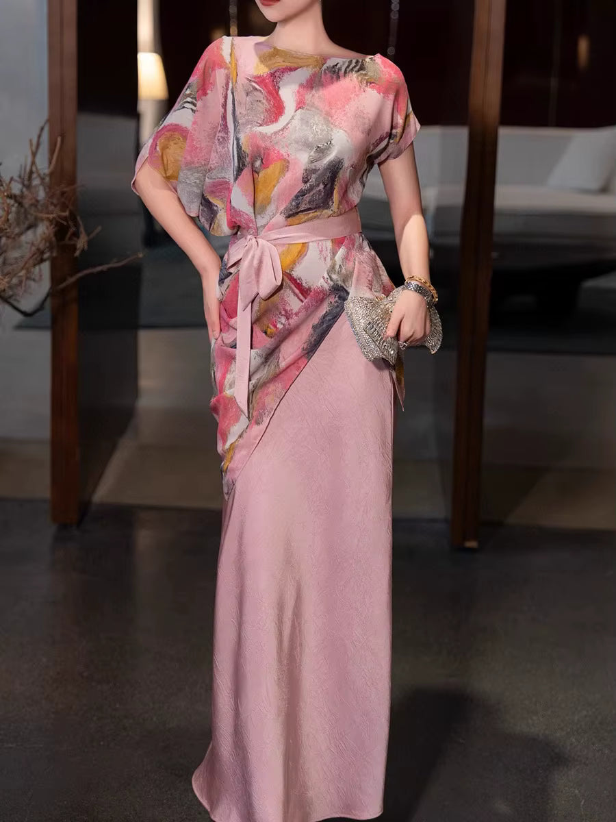 Elegant Printing Round Neck Short Sleeve Irregular Top High Waist Split Skirt Two Piece Set