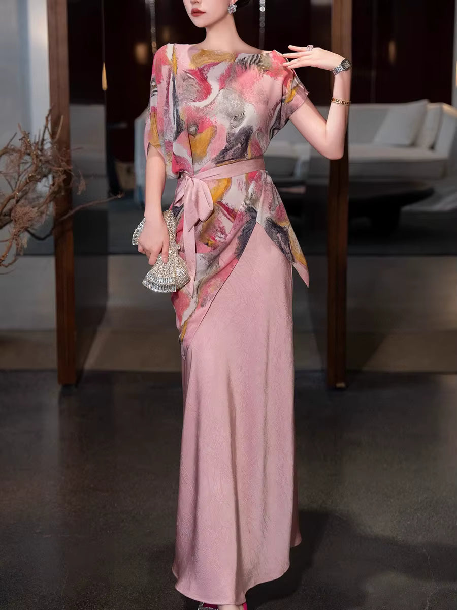 Elegant Printing Round Neck Short Sleeve Irregular Top High Waist Split Skirt Two Piece Set