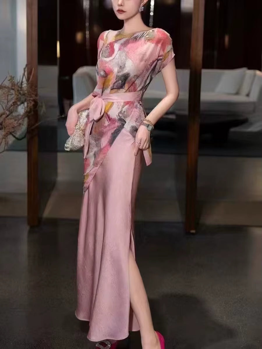 Elegant Printing Round Neck Short Sleeve Irregular Top High Waist Split Skirt Two Piece Set