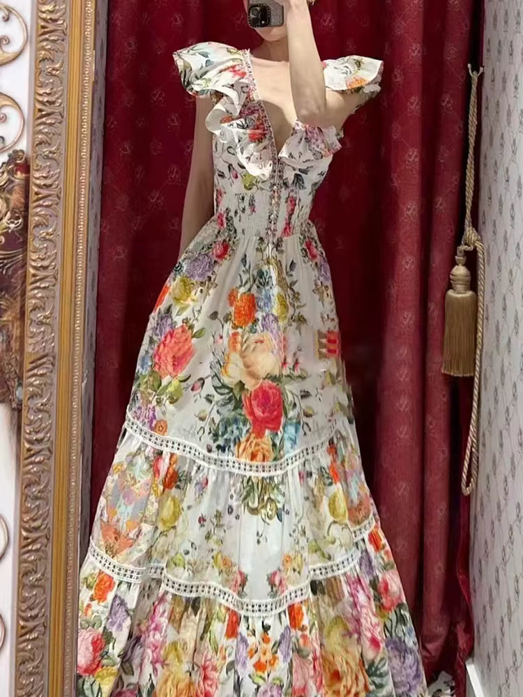 Elegant Printing V-Neck Flying Sleeve High Waist Backless Midi Dress