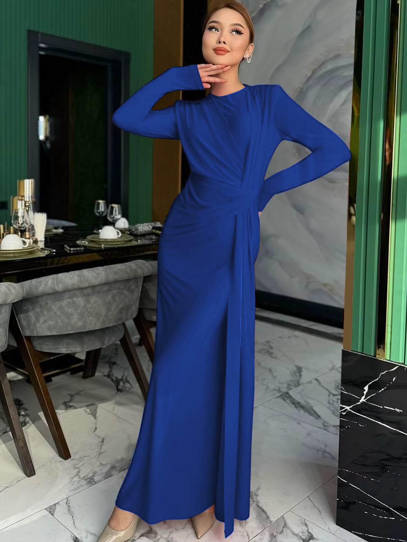 Elegant Prom Ankle-Length Long Sleeves Shoulder Pad Ruched Maxi Dress