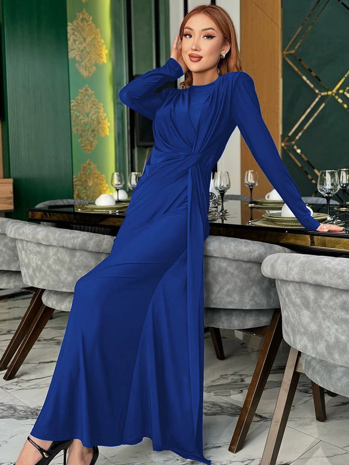 Elegant Prom Ankle-Length Long Sleeves Shoulder Pad Ruched Maxi Dress