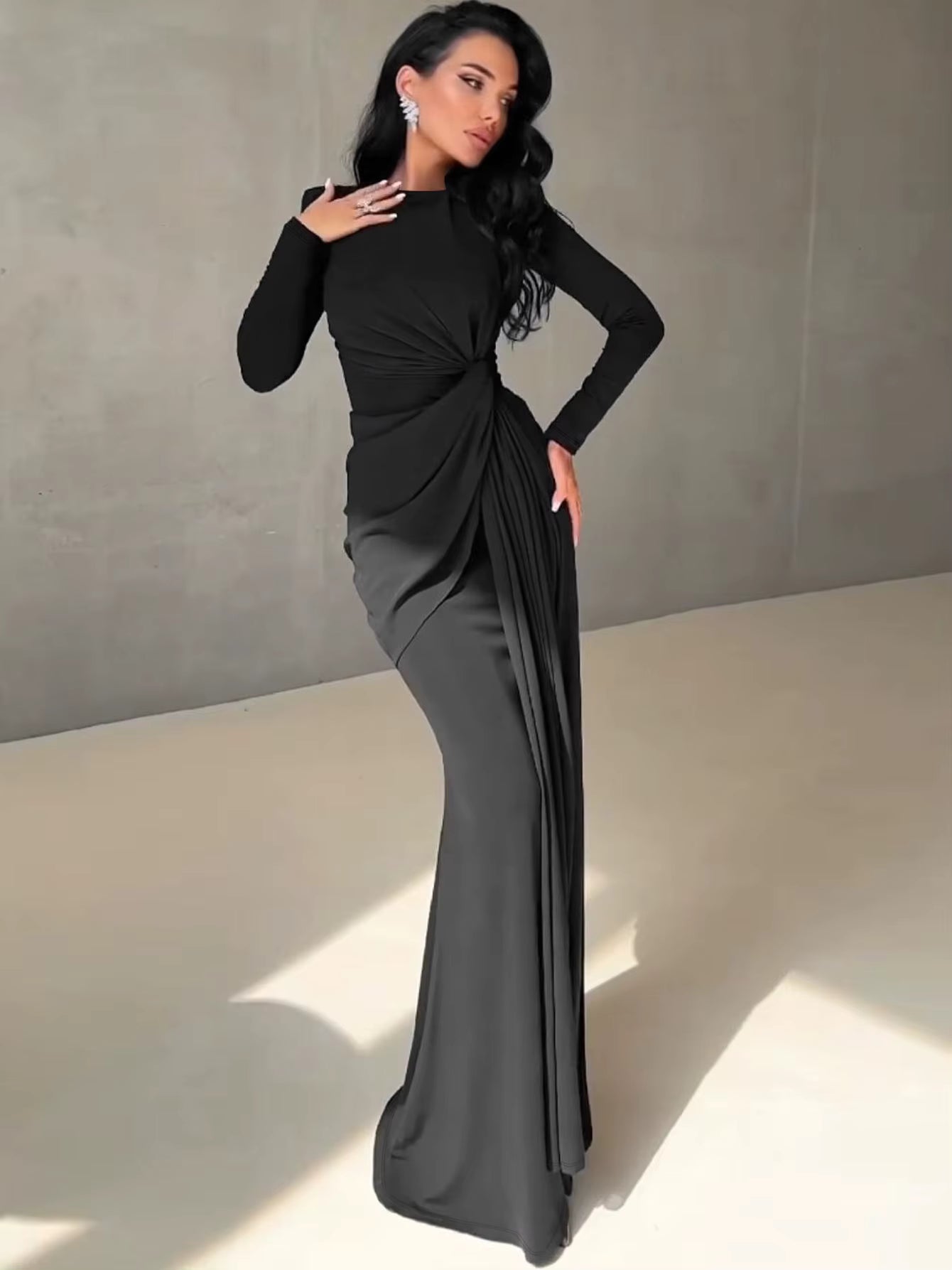 Elegant Prom Ankle-Length Long Sleeves Shoulder Pad Ruched Maxi Dress
