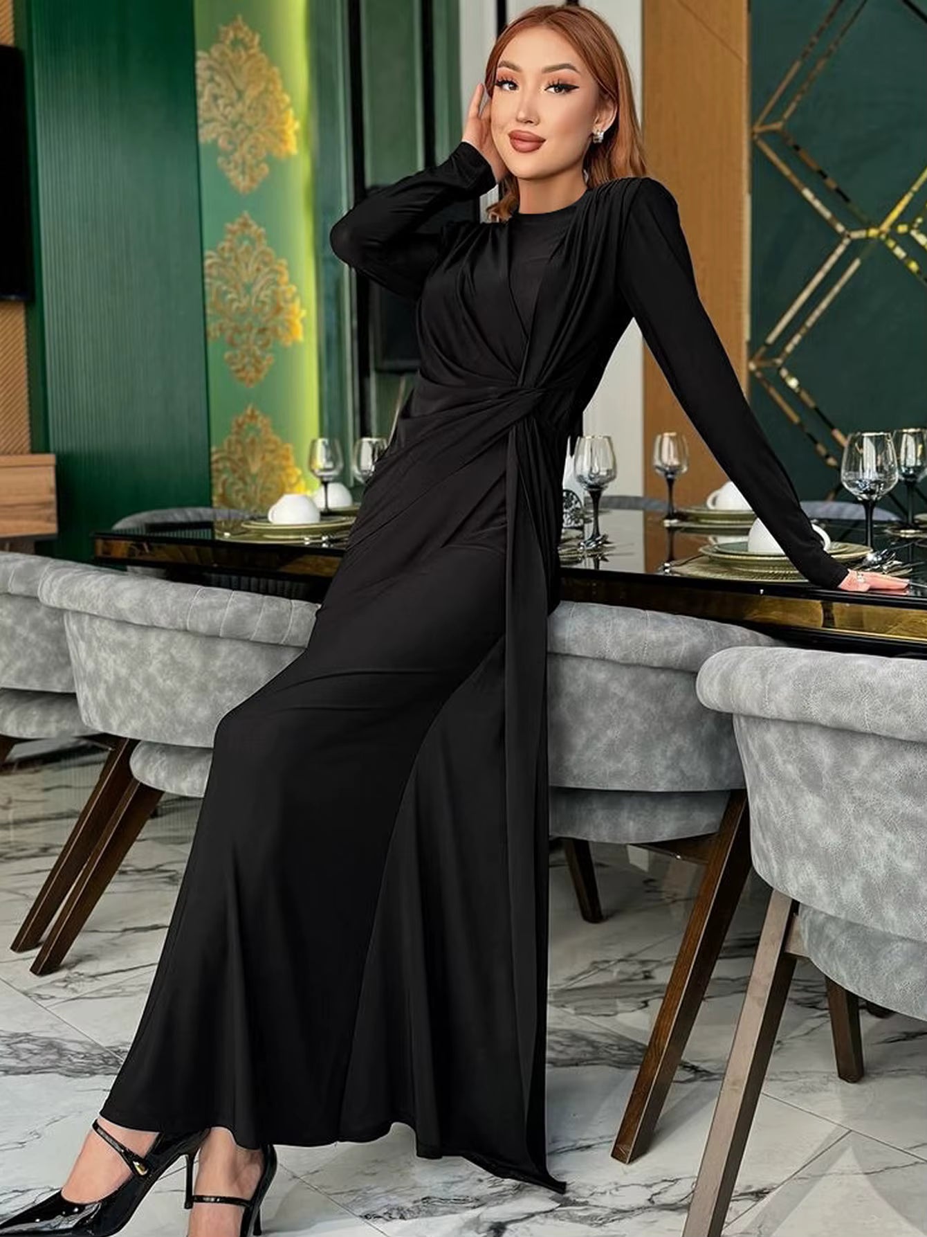 Elegant Prom Ankle-Length Long Sleeves Shoulder Pad Ruched Maxi Dress