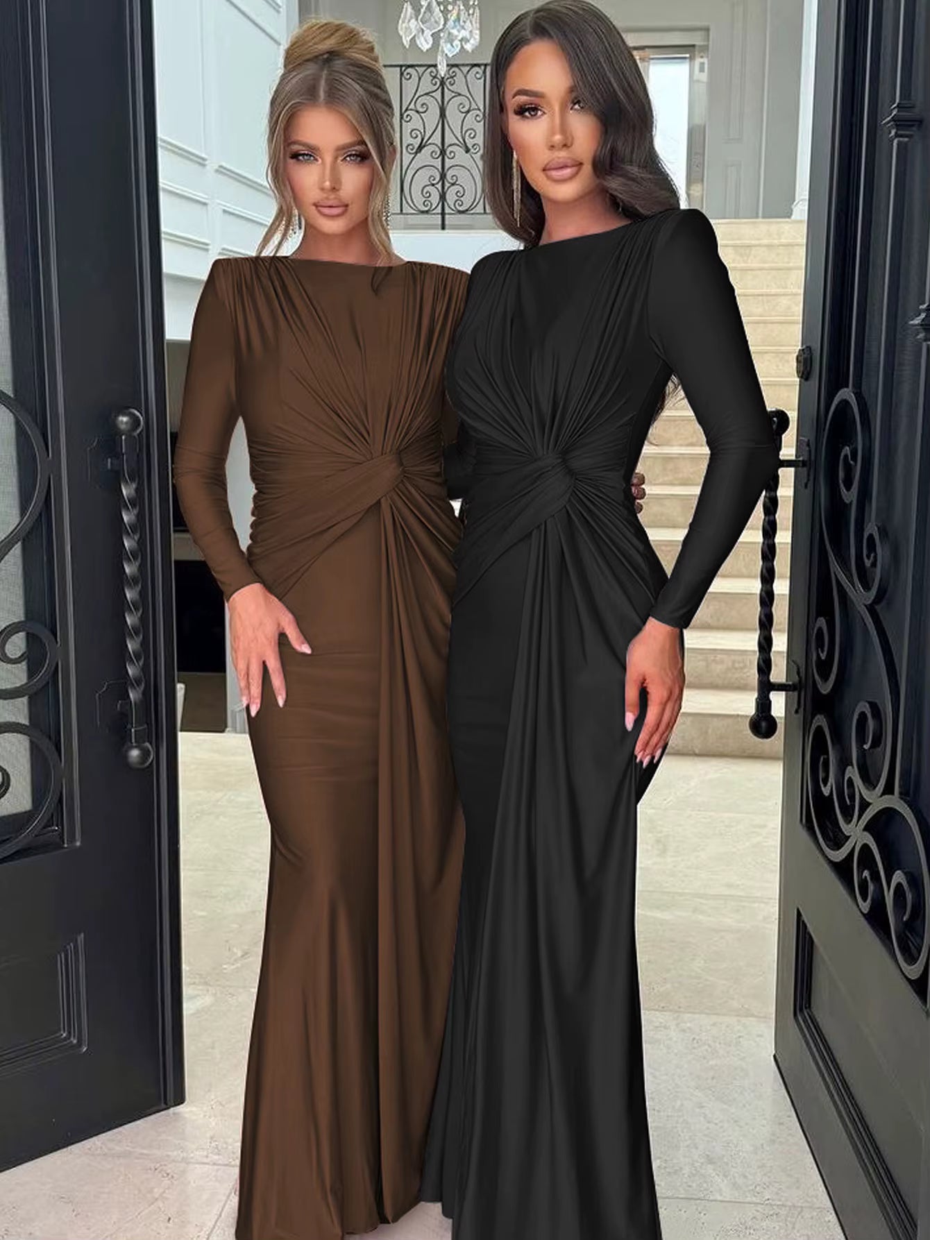 Elegant Prom Ankle-Length Long Sleeves Shoulder Pad Ruched Maxi Dress