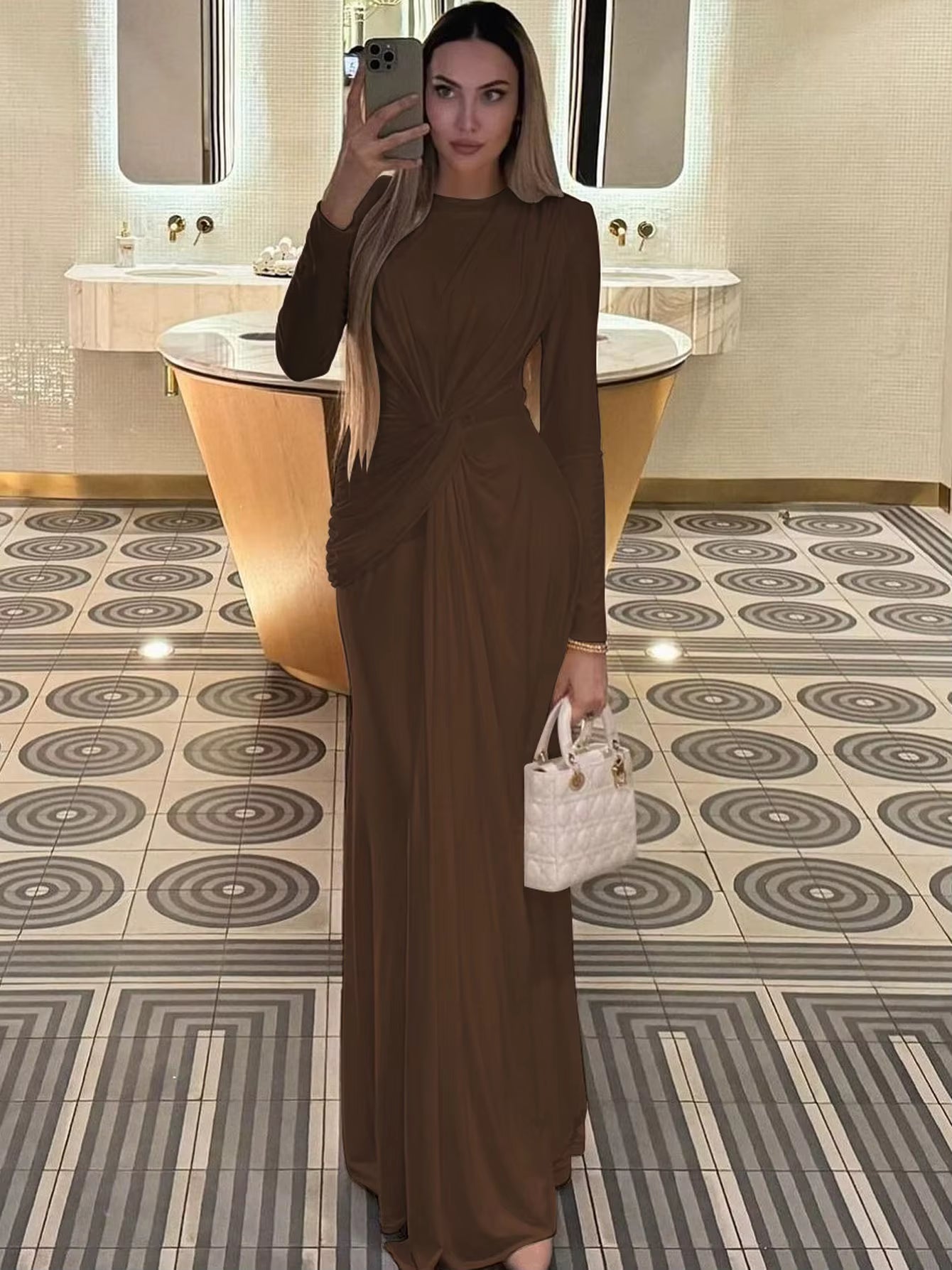 Elegant Prom Ankle-Length Long Sleeves Shoulder Pad Ruched Maxi Dress