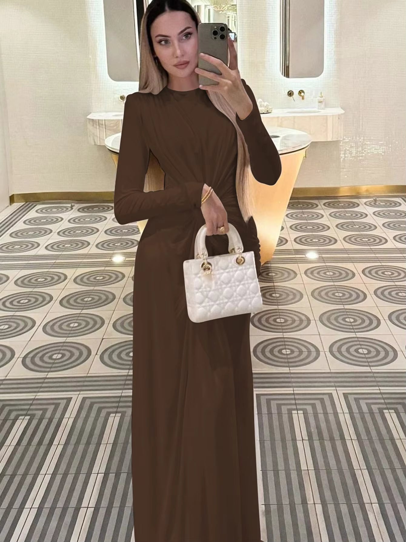 Elegant Prom Ankle-Length Long Sleeves Shoulder Pad Ruched Maxi Dress