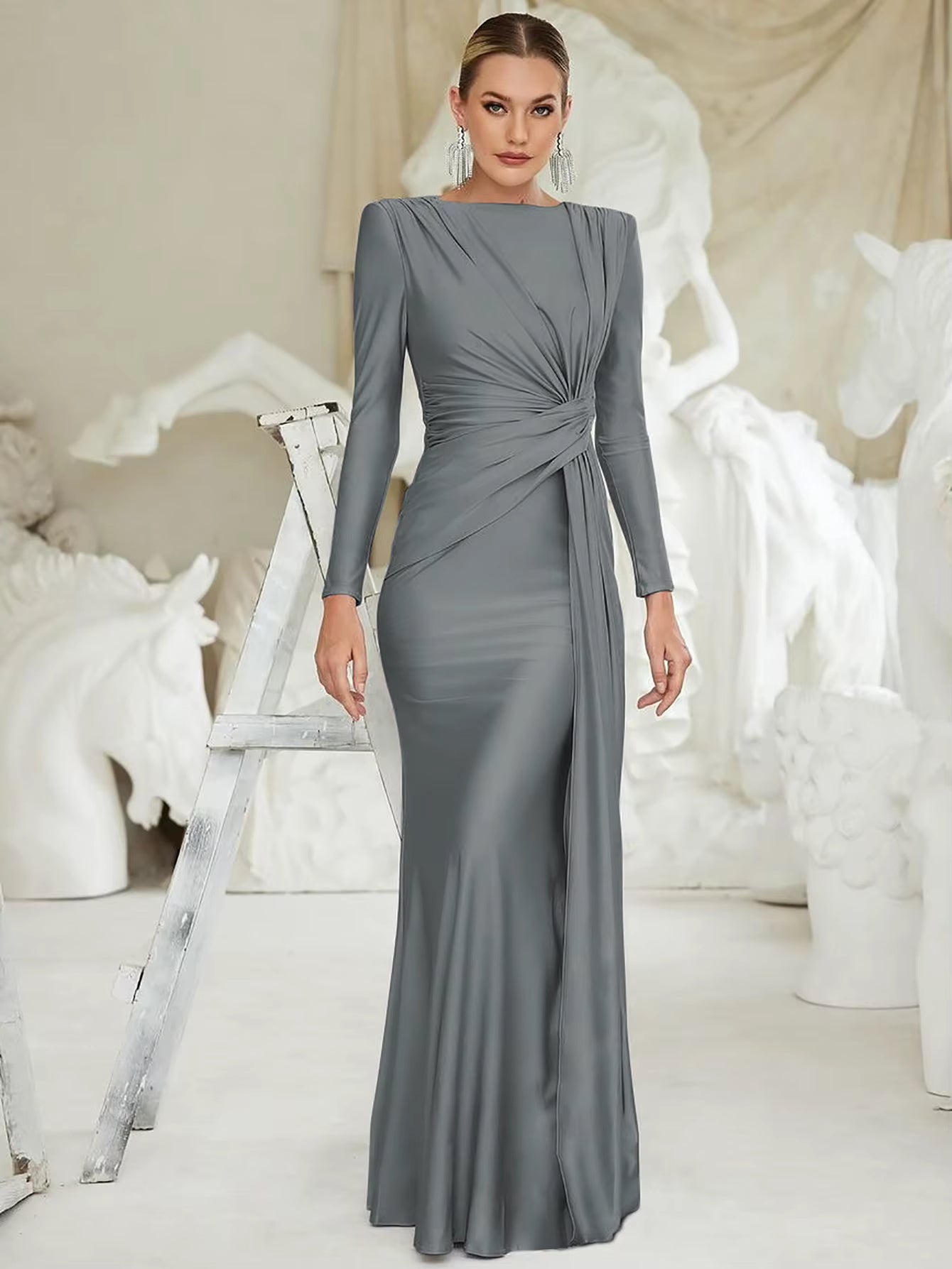 Elegant Prom Ankle-Length Long Sleeves Shoulder Pad Ruched Maxi Dress