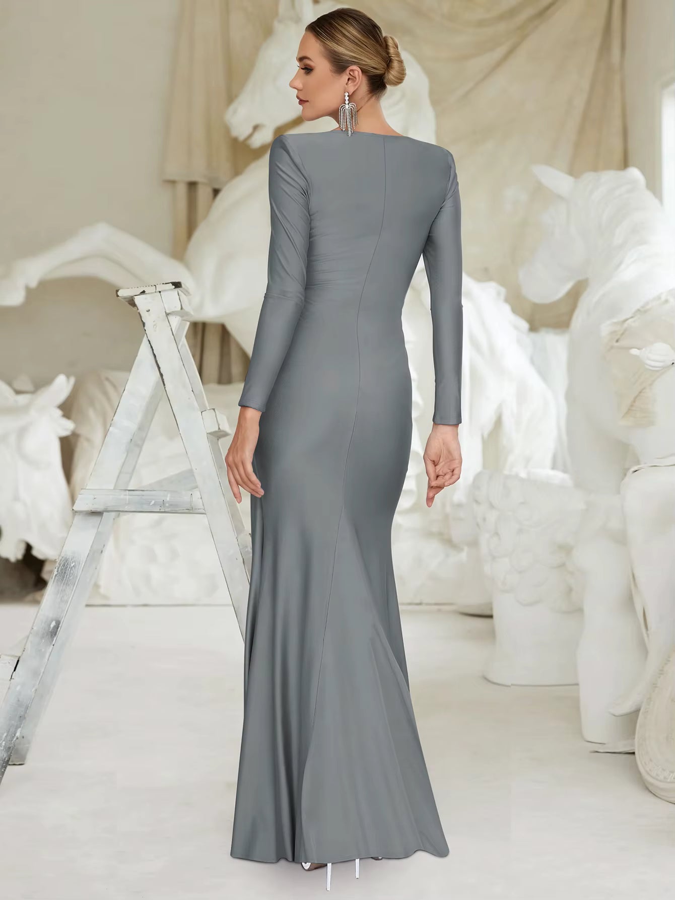 Elegant Prom Ankle-Length Long Sleeves Shoulder Pad Ruched Maxi Dress