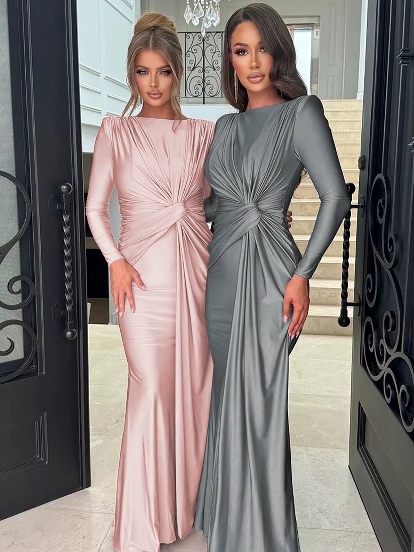 Elegant Prom Ankle-Length Long Sleeves Shoulder Pad Ruched Maxi Dress