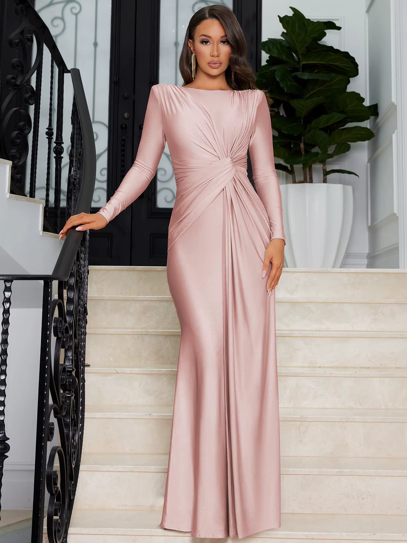 Elegant Prom Ankle-Length Long Sleeves Shoulder Pad Ruched Maxi Dress