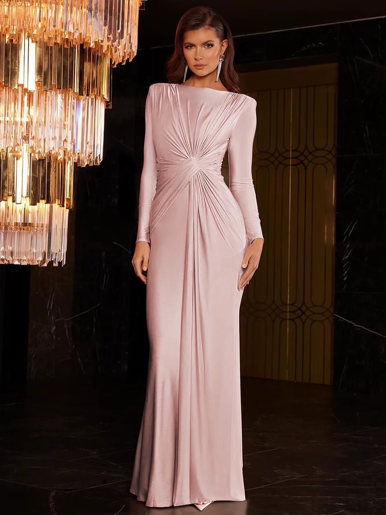 Elegant Prom Ankle-Length Long Sleeves Shoulder Pad Ruched Maxi Dress