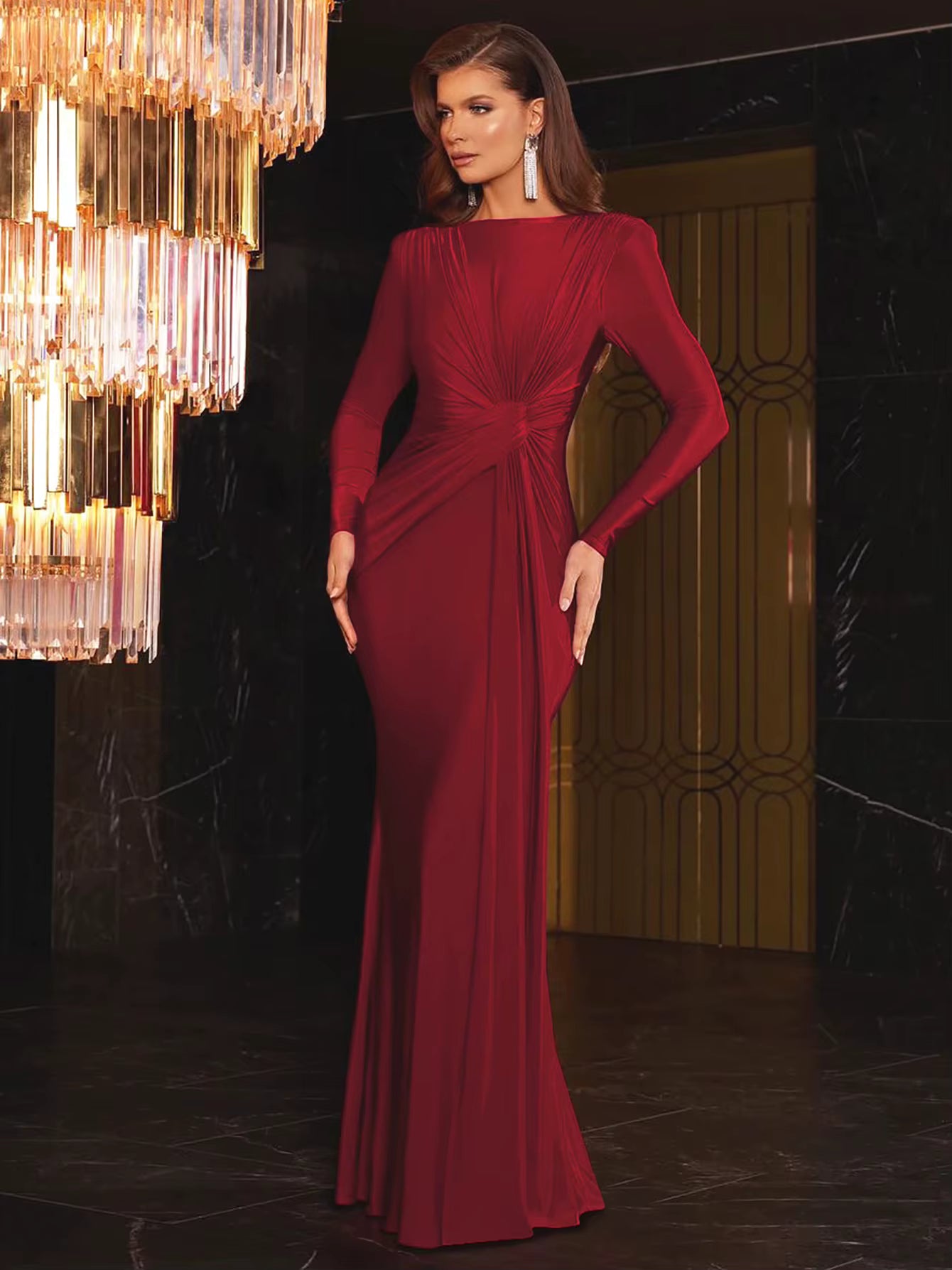 Elegant Prom Ankle-Length Long Sleeves Shoulder Pad Ruched Maxi Dress
