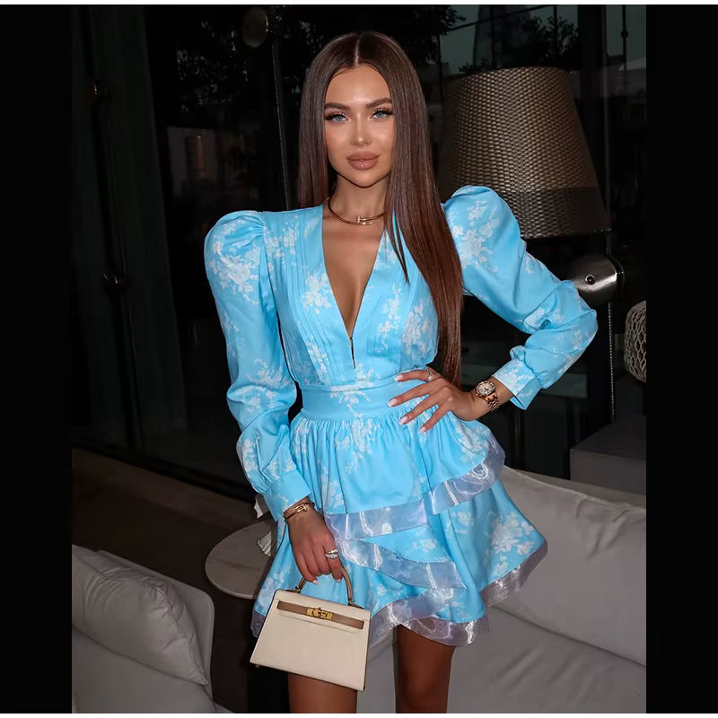 Elegant Puff Long Sleeve V-neck High Waist A-line Chic Print Layered Ruffles Mini Dress