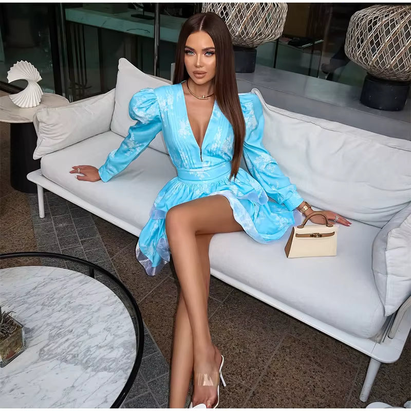 Elegant Puff Long Sleeve V-neck High Waist A-line Chic Print Layered Ruffles Mini Dress